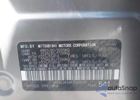2019 Mitsubishi Outlander Es/Le/Se/Sel z USA, uszkodzony, nr VIN JA4AZ3A3XKZ021676